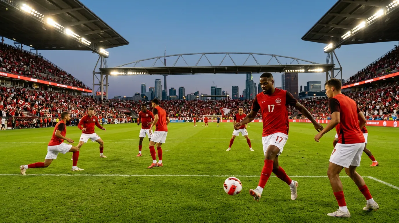 Canadian national soccer team players in red jerseys warming up on the pitch at BMO Field in Toronto
