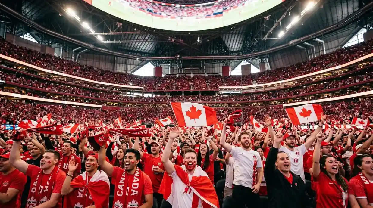 Canada supporters in red celebrating in a packed stadium at the 2026 World Cup