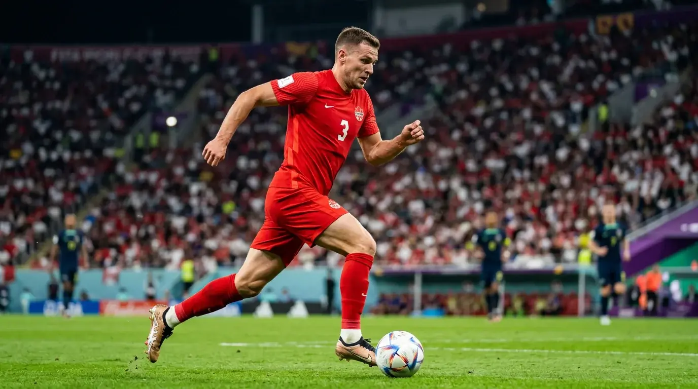 A Canadian full-back in red on the ball during a World Cup match