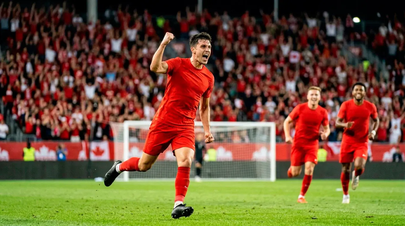 A Canadian striker in red celebrating a goal with arms outstretched at the World Cup