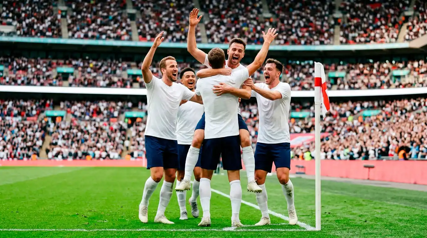 England players celebrating a goal in white shirts at the 2026 World Cup