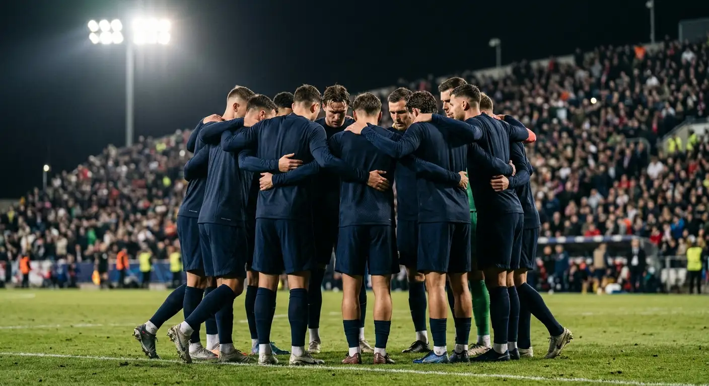 A soccer team huddle under stadium floodlights before kickoff