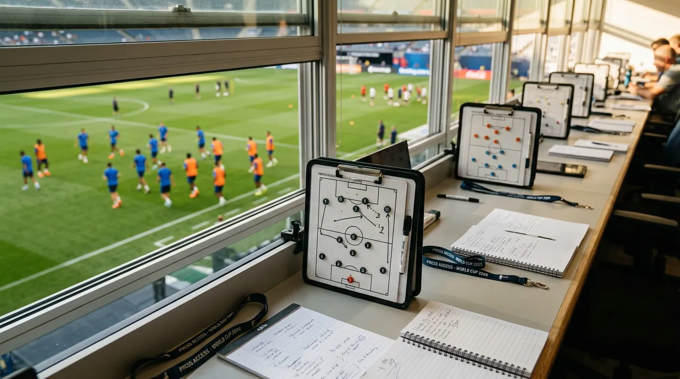 Soccer analyst reviewing match footage and tactical boards with World Cup 2026 group stage data