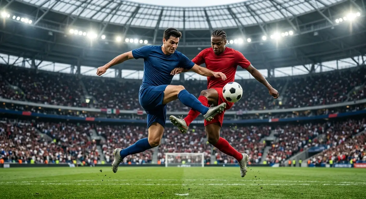 Two rival national-team players competing for the ball under floodlights during a World Cup semi-final at a large American stadium