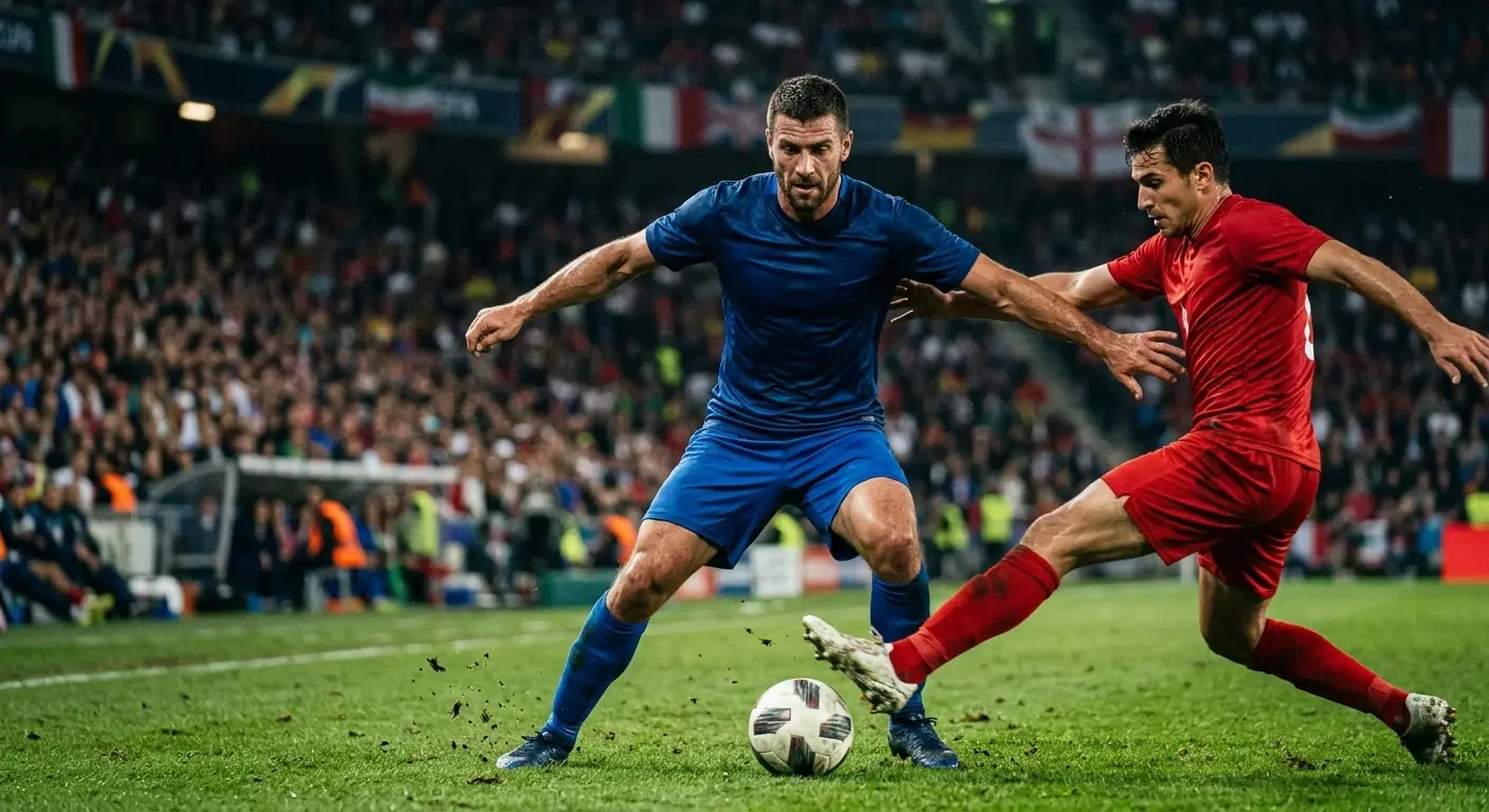 A midfielder in a blue national-team jersey shielding the ball from an opponent in red during a World Cup knockout match