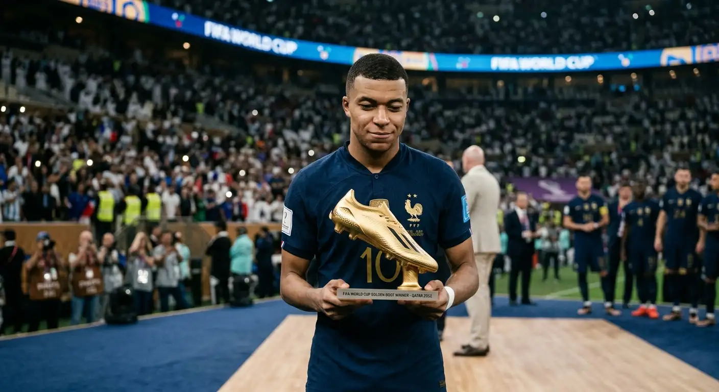 Kylian Mbappé holds the Golden Boot trophy