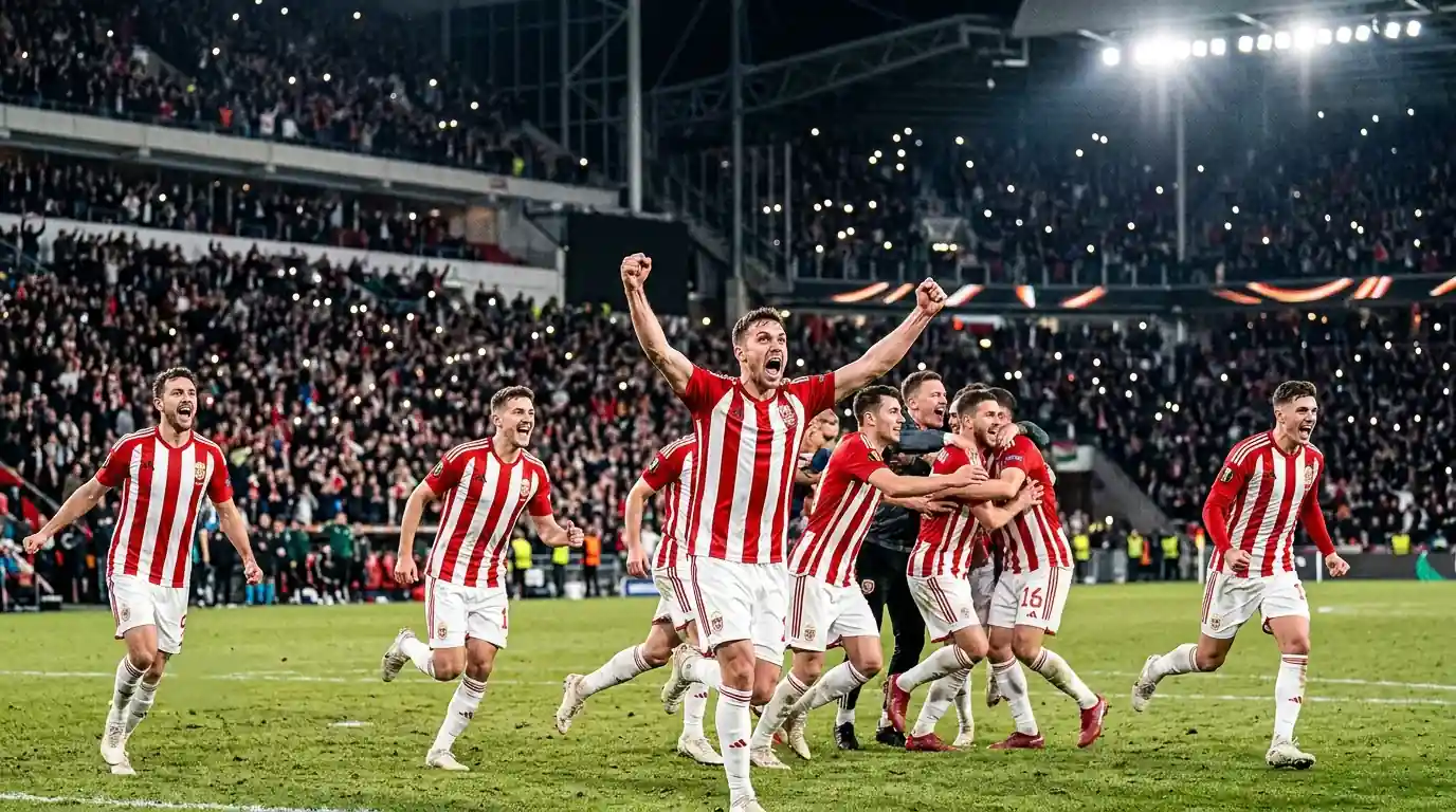 Paraguay players in red and white stripes celebrating a shoot-out win at the 2026 World Cup