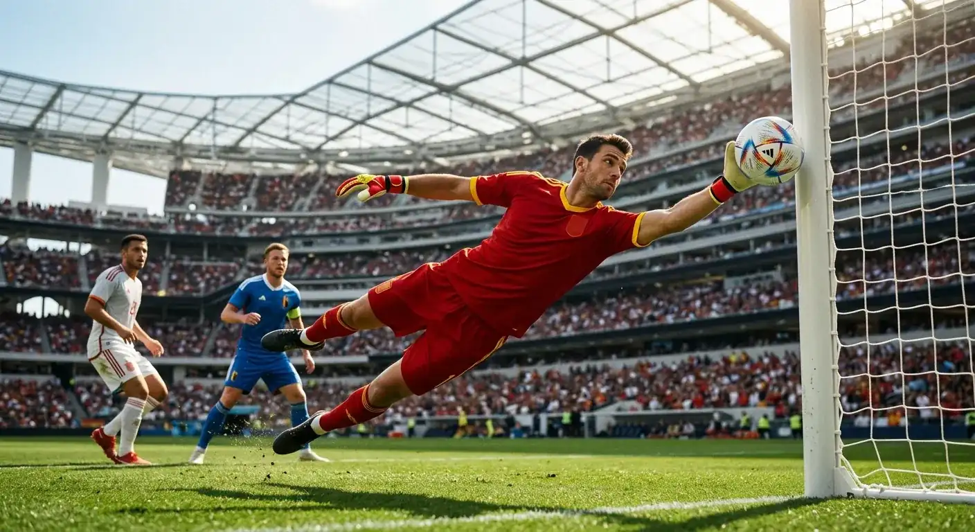A goalkeeper in a red national-team jersey diving to make a save during a World Cup quarter-final