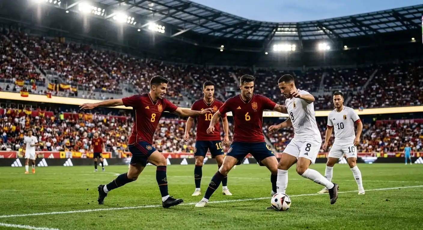 Belgium midfielders in dark red jerseys pressing high during a World Cup knockout match