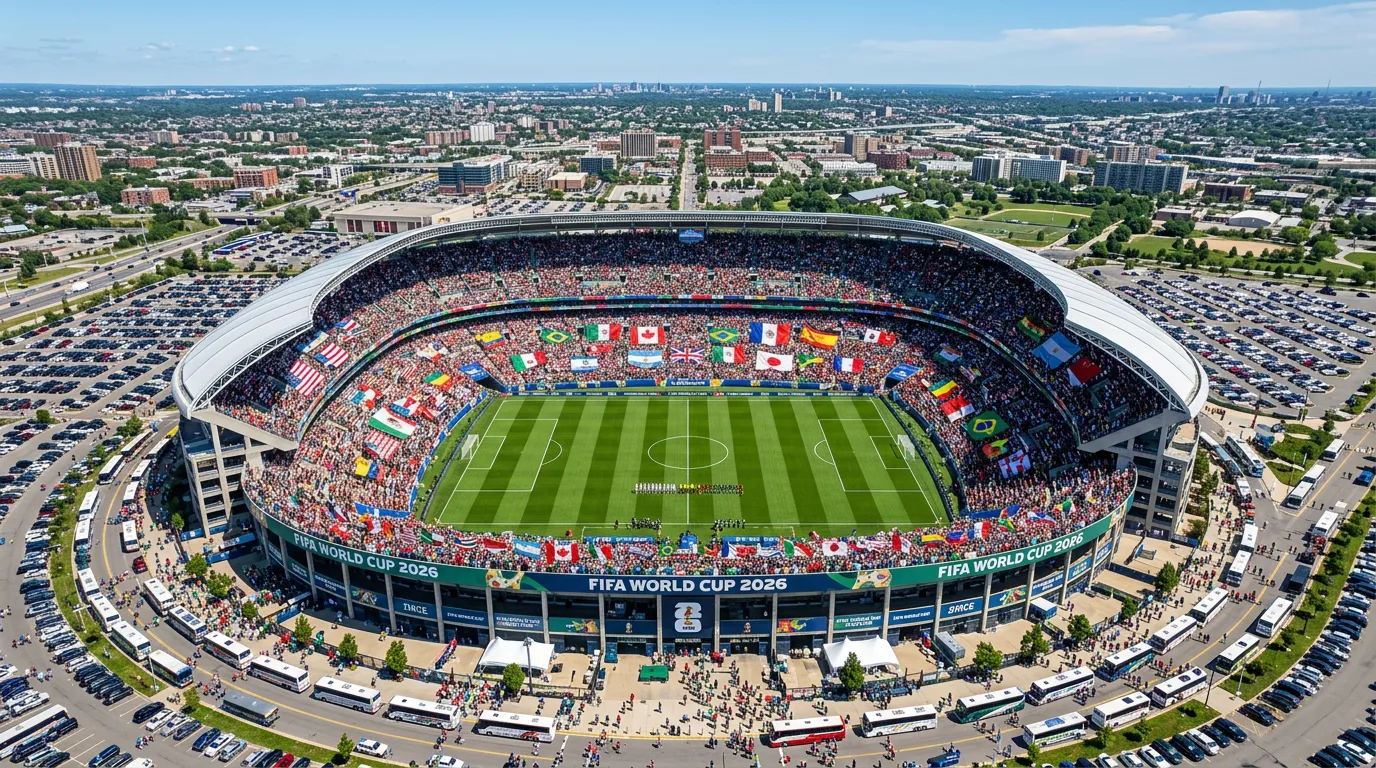 Aerial view of a packed World Cup 2026 stadium with green pitch and fans waving national flags