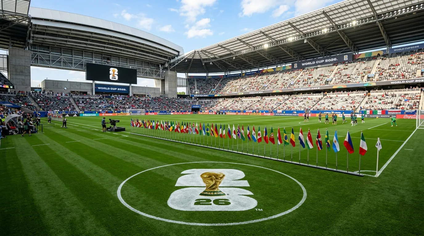 Soccer field prepared for the 2026 FIFA World Cup tournament with 48-team flags lining the pitch
