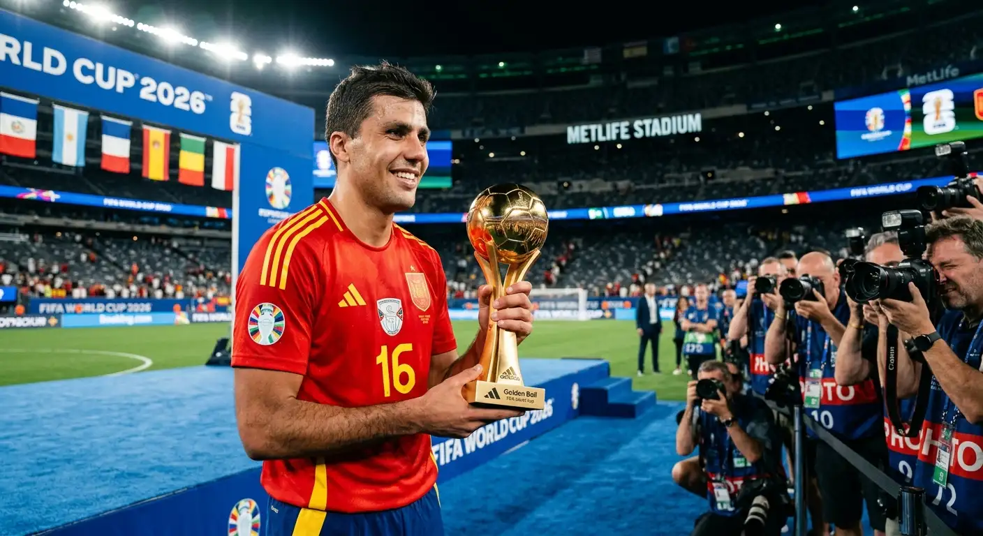 Rodri holds the Golden Ball trophy