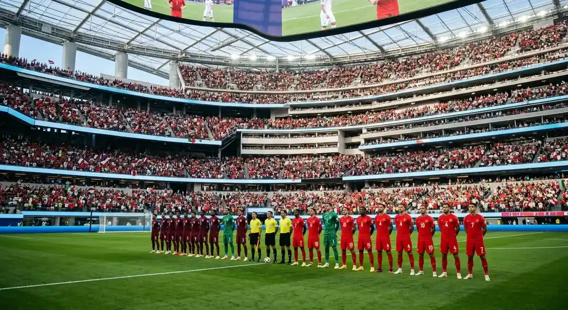 Two rival national-team squads lining up before a World Cup quarter-final at a modern LA stadium
