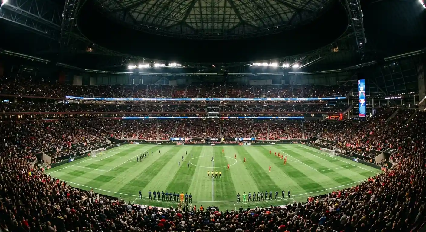 A tactician's view of a floodlit World Cup semi-final about to kick off at a large American stadium
