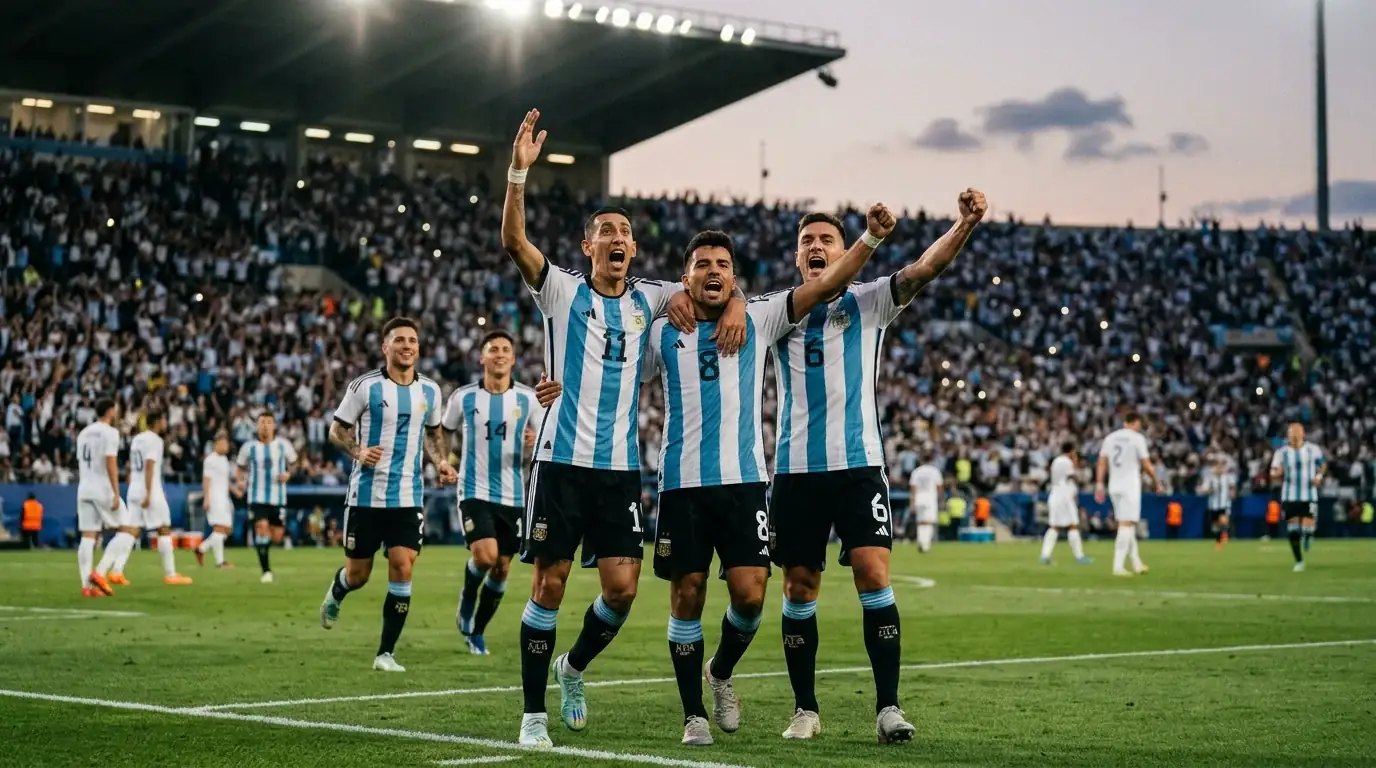 Argentina players in blue and white celebrating a dramatic extra-time winner at the 2026 World Cup