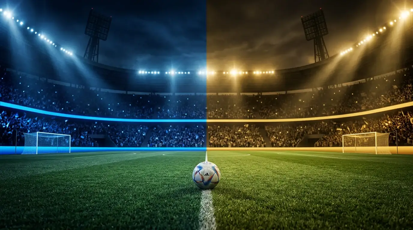 A split matchday graphic showing two World Cup Round of 16 fixtures under stadium floodlights
