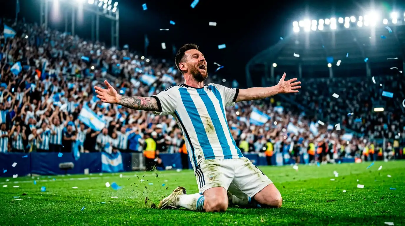 Lionel Messi celebrating a record-breaking goal in front of Argentina supporters at the 2026 World Cup