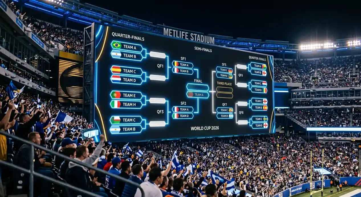 A visual bracket board showing the World Cup 2026 quarter-final and semi-final matchups on a stadium screen