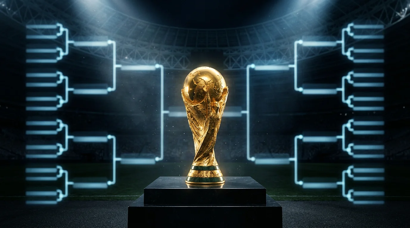 A stylised World Cup knockout bracket graphic with a golden trophy under stadium lights