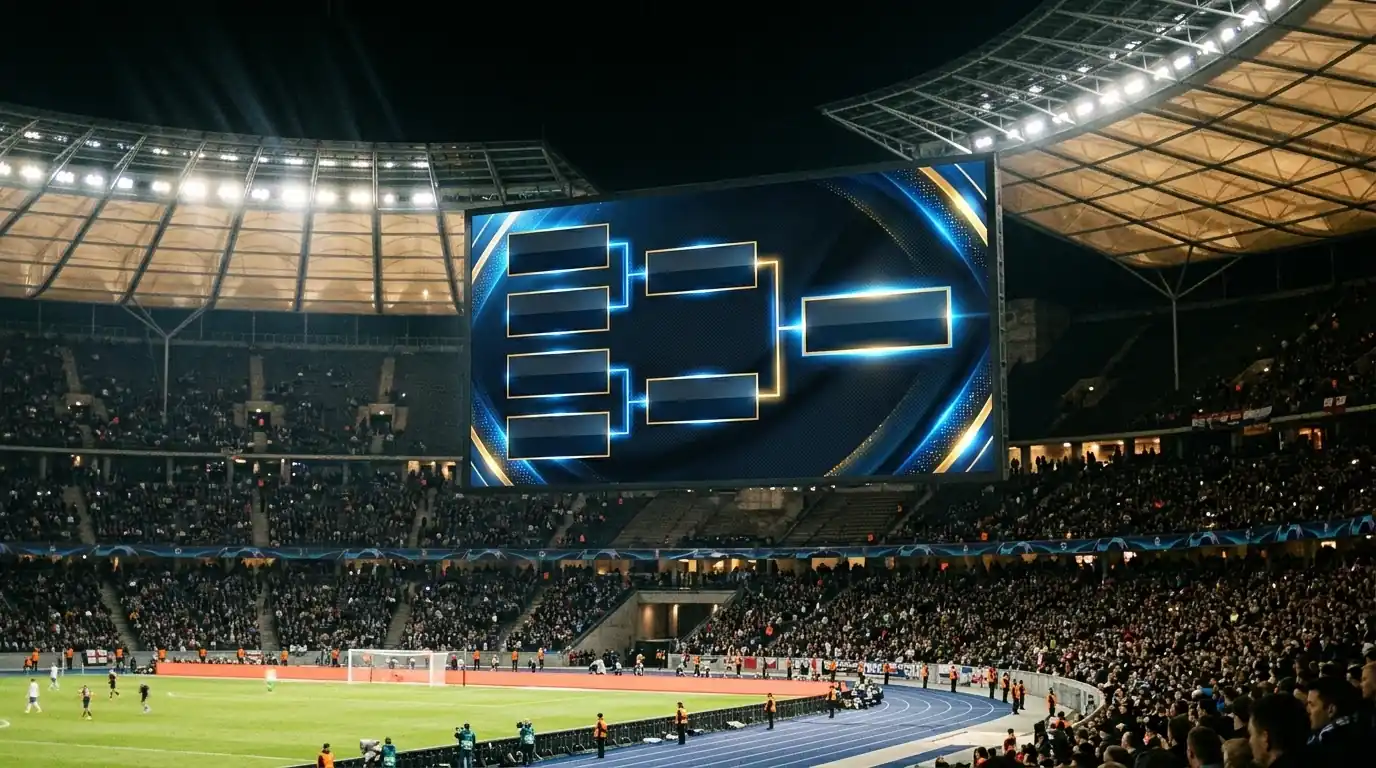 A visual semi-final bracket board displayed on a large stadium screen showing the path to the World Cup final